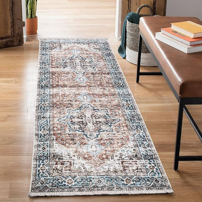 Bloom Rugs Caria Washable Non-Slip 7 ft Runner - Terracotta/Blue Traditional Runner for Entryway, Hallway, Bathroom, and Kitchen - Exact Size: 2'6" x 7'