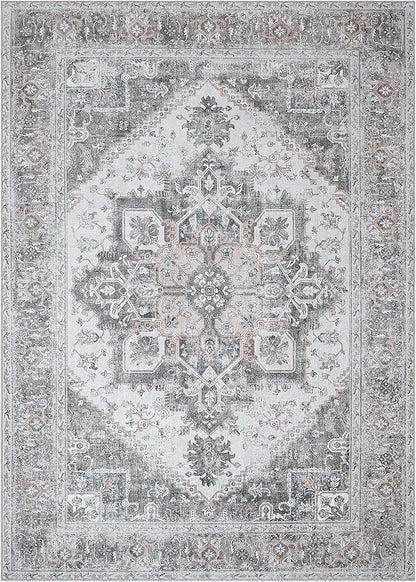 Bavni Area Rug 5x7 for Living Room Bedroom Dining Room, Boho Tribal Machine Washable Rug Print Vintage Aesthetic Gray Carpet, Floor Cover, Low Pile Lightweight Non Slip