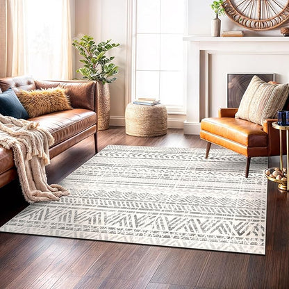 Rugshop Geometric Boho Square Rug – Gray Tribal Pattern, Perfect for Living Room, Bedroom, Dining Room, 6'6" x 6'6" Square