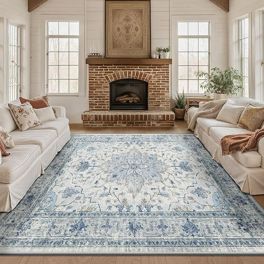 Area Rugs Square 8ft Washable Non-Slip, Floral Vintage Distress Print Pattern Medallion Carpet for Living Room Bedroom Dining Room, Light Blue Navy Beige Gray White