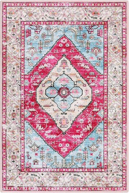 Lahome Boho Round Rug - 6Ft Washable Area Rug, Non-Slip Small Bathroom Rug, Lightweight Bedroom Throw, Oriental Distressed Print Carpet for Entryway, Sofa, Nursery, Kids Room
