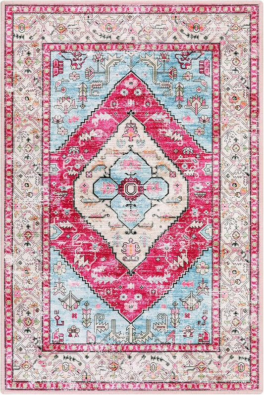 Lahome Boho Round Rug - 6Ft Washable Area Rug, Non-Slip Small Bathroom Rug, Lightweight Bedroom Throw, Oriental Distressed Print Carpet for Entryway, Sofa, Nursery, Kids Room