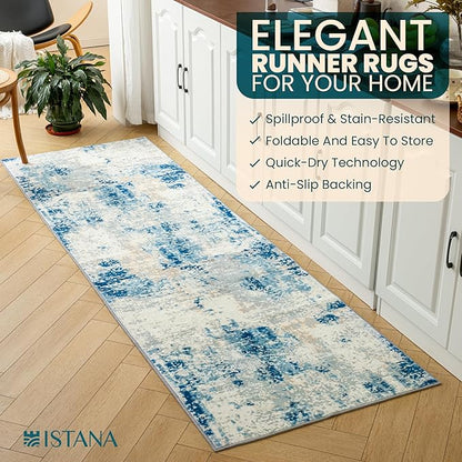 Istana Hallway Runner Rug 2.5x8 - Blue/Ivory Kitchen Rugs Non Slip Washable -Silk's Soft Touch Carpet Runner - Stylish Rugs for Home