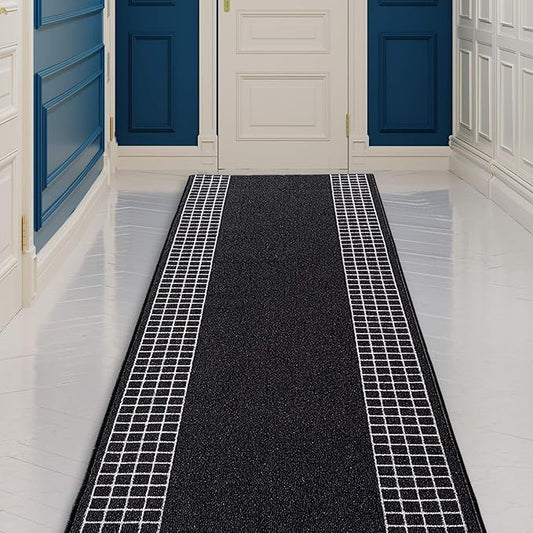 Custom Made Runner Rug for Kitchen Foyer Hallway Entry Choose Your Length 26 Inch Wide Geometric Checkered Design Black Color (20 feet x 26 inch)