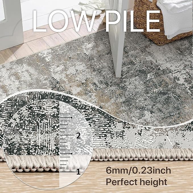 GENIMO Washable 6x9 Area Rugs for Living Room, Non Slip Modern Abstract Rug, Machine Washable Stain Resistant Low Pile Soft Carpet for Bedroom, Dining, Office, Black Grey