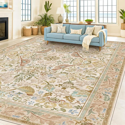 Washable Living Room Rug 8x10 - Country Style Beige Floral Area Rugs for Bedroom Under Bed, Dining Room Table Rug, Stain Resistant Non-Slip Neutral Farmhouse Décor with Light Blue and Green Accent