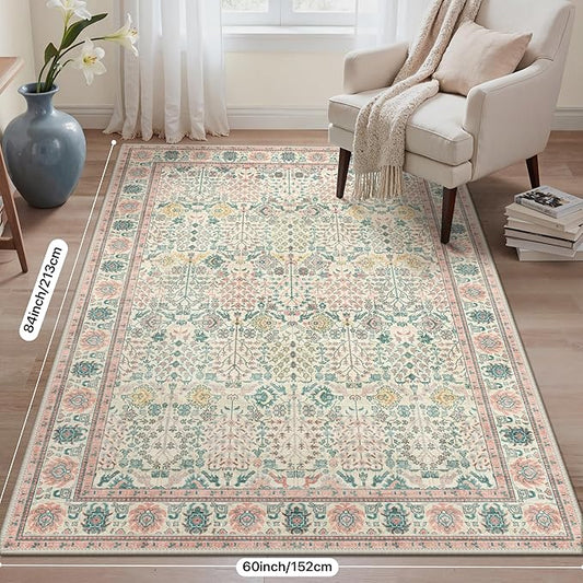 Bavni Area Rugs for Living Room, 5x7 Area Rugs Non-Slip Washable，Ultra-Thin Aesthetic Boho Rug for Bedroom Dinning Room Office, Pink