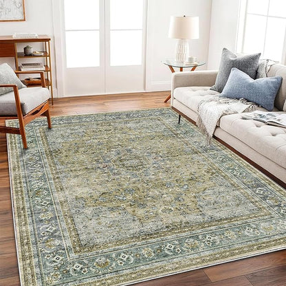 Area Rug 6'x9' Washable Vintage Traditional Floor Cover Thin Retro Kitchen Indoor Distressed Non Slip Carpet for Living Room Bedroom Dining Room