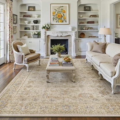 HUGEAR 6x9 Area Rug Beige Vintage Machine Washable Living Room Retro Rugs Distressed Floral Vacuumable Low Pile Carpet Bedroom Office Dining Room Laundry Room Non Slip Soft Lightweight