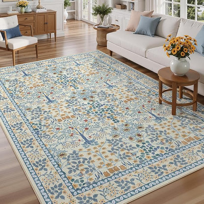 8x10 Area Rugs Living Room Rug - Floral Vintage Forest Washable Carpet, Low Pile Non-Slip Stain Resistance Boho Soft Large Carpet for Bedroom, Dining Room, Office, Farmhouse (8'x10' Blue/Orange)