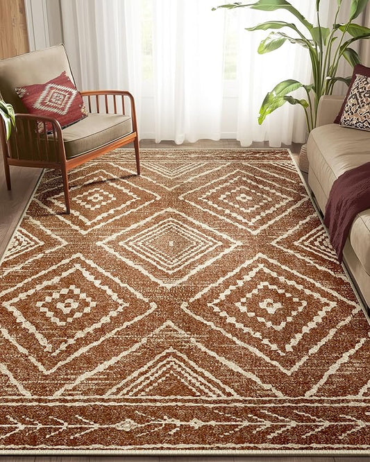 Area Rug 6x8 Rug Machine Washable Non-Slip Low Pile Print Pattern Western Rug for Living Room Bedroom Entryway Tribal Series-Yellowbrown/Cream