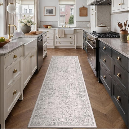 Gray Runner Rug 2'6"x12' Washable Carpet for Hallway Kitchen Vintage Distressed Non Slip Indoor Grey Retro Floral Bedroom Accent Throw Long Rug Bathroom Office Laundry Dining Living Room
