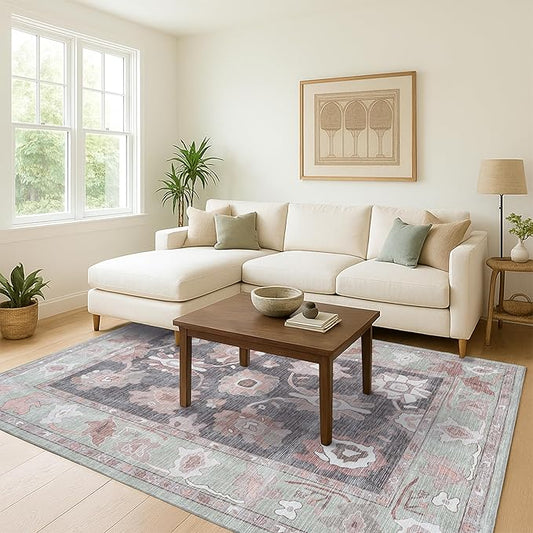 Fame Living Green Oushak Rug, Modern, Vintage, Turkish, Eclectic, Floral, Pastel, Washable, Area Rugs for Living Room, Dining, Bedroom, Office, Entryway, Foyer, Playroom, Nursery, 5'x6'9"