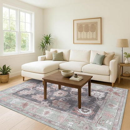 Fame Living Green Oushak Rug, Modern, Vintage, Turkish, Eclectic, Floral, Pastel, Washable, Extra Large Area Rugs for Living Room, Dining, Bedroom, Lounge, 9'x12'