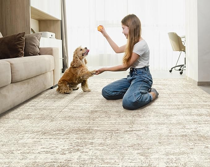 5x7 Area Rug Living Room Rugs - Washable Neutral Modern Abstract Soft Thin Rug Indoor Floor No Slip Rug Carpet for Bedroom Under Dining Table Home Office Decor - Beige/Brown