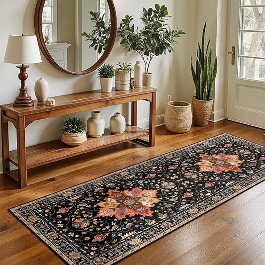 Area Rugs 2'x5' Washable Non-Slip, Floral Vintage Distress Print Pattern Medallion Carpet for Living Room Bedroom Dining Room, Black Colorful Floral Dark Tan