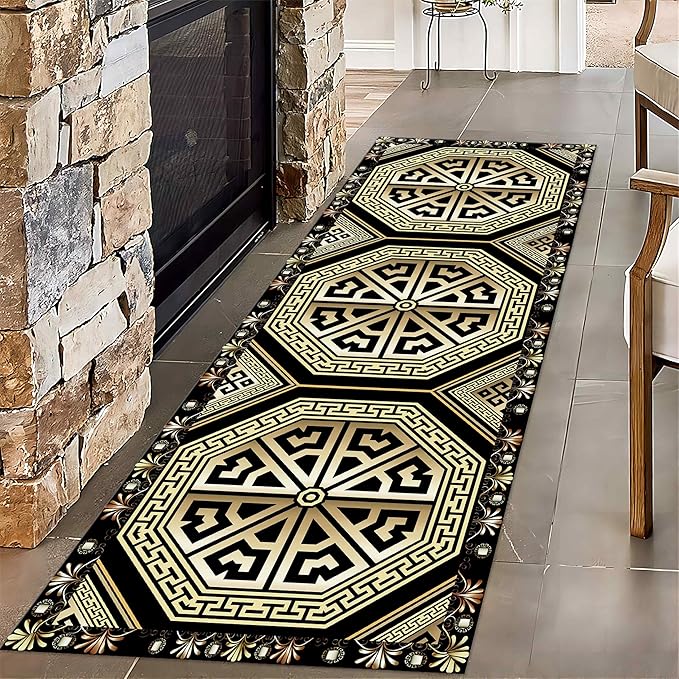 Black Gold Art Runner Rugs, 2x8ft, Vintage Greek Key Entrance Rug, Baroque Aesthetic Non-Slip Low Pile Soft Carpets, Cozy Absorbent Durable Non-Shedding Mat for Hallway Bedroom