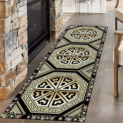 Black Gold Art Runner Rugs, 2x8ft, Vintage Greek Key Entrance Rug, Baroque Aesthetic Non-Slip Low Pile Soft Carpets, Cozy Absorbent Durable Non-Shedding Mat for Hallway Bedroom