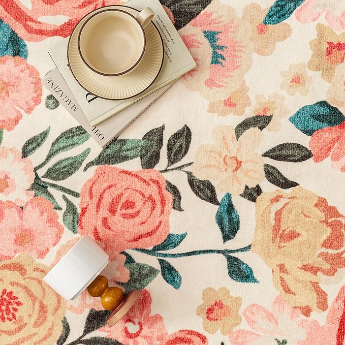 Washable Floral Area Rug 3x5 Beige Office Carpet Scalloped Flower Non Slip Soft Entrance Door Mat Farmhouse Low Pile Thin Indoor Floor Cover for Kitchen Bathroom Bedroom Laundry Living Room