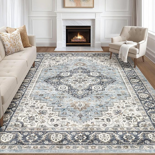 9x12 Area Rug Living Room: Washable Boho Large Neutral Vintage Soft Rugs Stain Resistant Farmhouse Non-Slip Indoor Floor Carpet for Bedroom Nursery Kids Playroom Office Dining Room House- Blue Tan