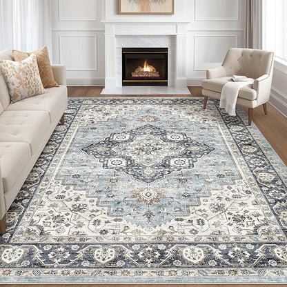8x10 Area Rugs Living Room: Washable Boho Large Neutral Vintage Soft Rug Stain Resistant Farmhouse Non-Slip Indoor Floor Carpet for Bedroom Nursery Kids Office Dining Room Home House- Blue Tan
