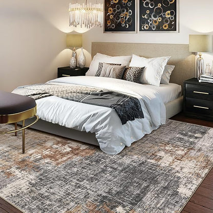 Area Rug Living Room Rugs - 5x7 Washable Large Soft Indoor Neutral Modern Abstract Low Pile Rug Carpet for Bedroom Dining Room Farmhouse Home Office - Grey Brown