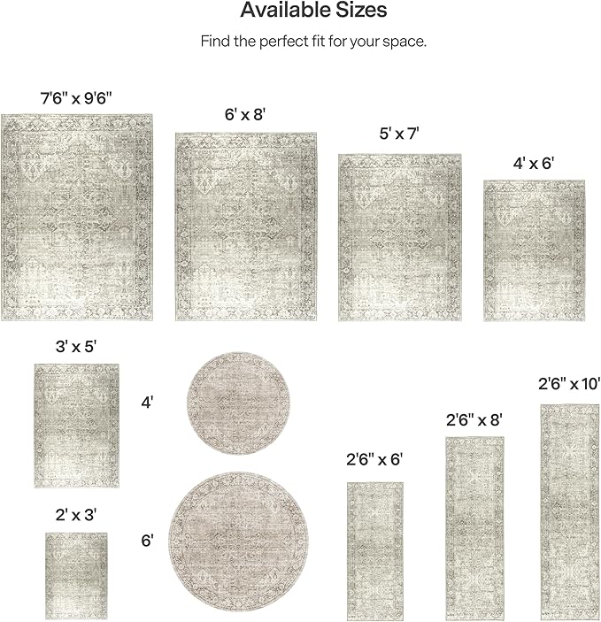 ReaLife Rugs Machine Washable Area Rug - Living Room Bedroom Bathroom Kitchen Entryway Office - Padded Low Pile Stain Resistant Premium - Boho Farmhouse Vintage - Lyle - Beige Ivory 6' Round