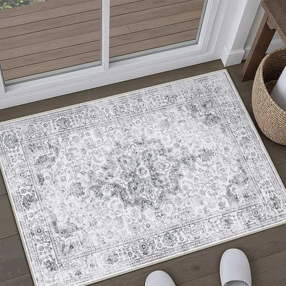 HUGEAR Washable 2x3 Entryway Area Rugs Retro Grey Small Vintage Distressed Non Slip Stain Resistant Low Pile Neutral Throw Carpet for Bedside Kitchen Entryway Home Decor