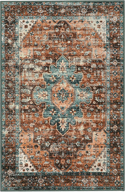 Moynesa Ultra-Thin Washable Vintage Area Rug - 5x7 Large Boho Non-Slip Rug for Bedroom Living Room Oriental Medallion Non-Shedding Print Floor Carpet for Dining Room Home, Brick Red/Dull Teal