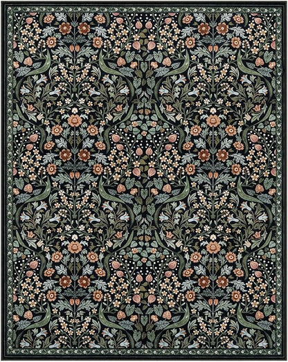 Lahome Floral 8x10 Black Rugs for Living Room, Soft Washable Large Area Rug for Bedroom Dining Room, Botanical Lightweight Stain-Resistant Boho Carpet for Guestroom Indoor