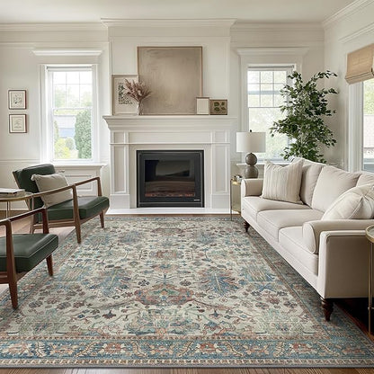 Area Rugs 8x10 Clearance Washable Boho Rug for Bedroom Living Room, Non Slip Thin Low Pile Chenille Carpet for Dining Room,Vintage Farmhouse, Blue/Ivory