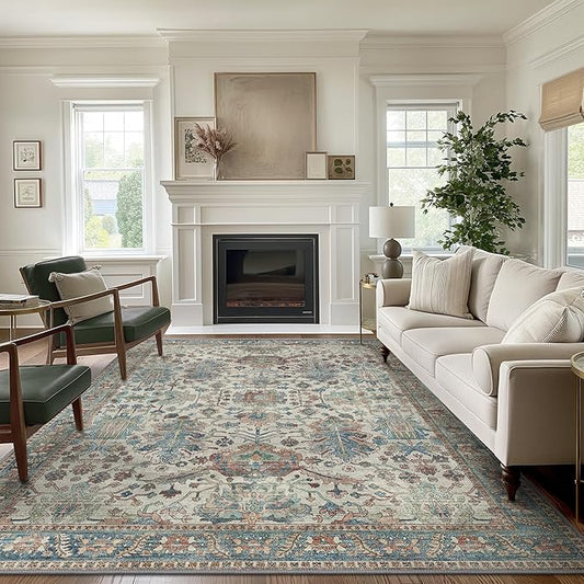 Area Rugs 8x10 Clearance Washable Boho Rug for Bedroom Living Room, Non Slip Thin Low Pile Chenille Carpet for Dining Room,Vintage Farmhouse, Blue/Ivory