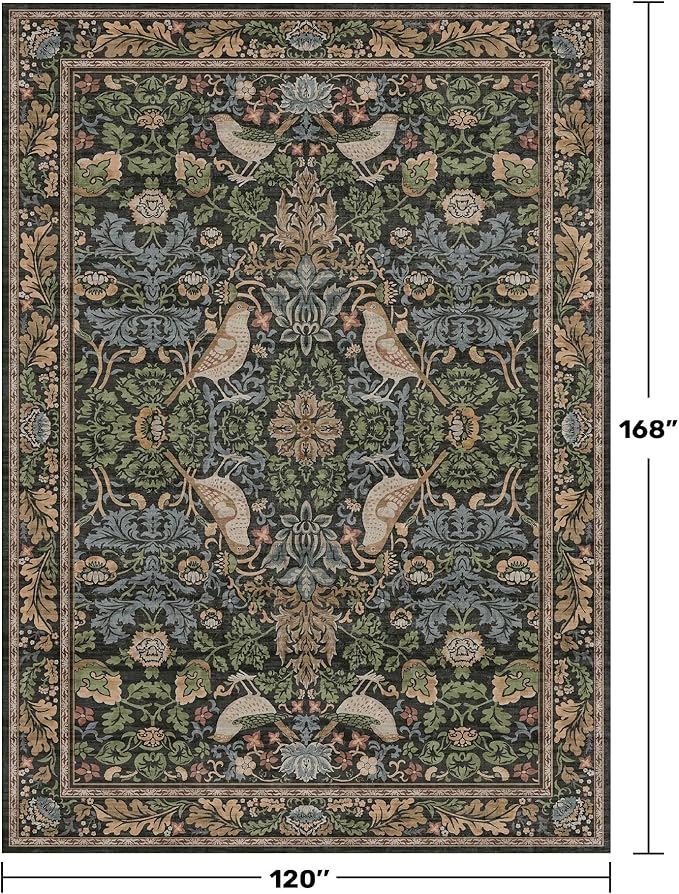 Botanical Brown Rug for Living Room - Washable 10x14 Area Rug for Dining Room Under Table, Extra Large Bedroom - Boho Bird Farmhouse Decor, Soft Low PileNon-Slip & Stain Resistance