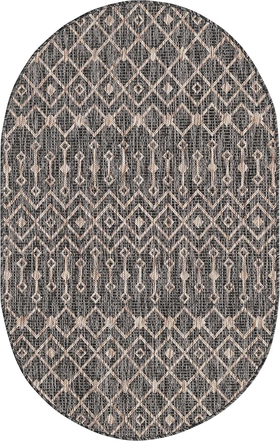 Unique Loom Outdoor Trellis Collection Area Rug - Tribal Trellis (3' 3" x 5' 3" Oval, Charcoal Gray/ Natural)