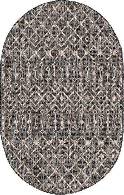 Unique Loom Outdoor Trellis Collection Area Rug - Tribal Trellis (3' 3" x 5' 3" Oval, Charcoal Gray/ Natural)