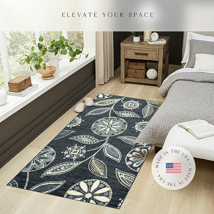 Maples Rugs Reggie Floral Area Rug - Made in USA - Washable, Non Slip, Pet-Friendly Mats for Living Room, Bedroom, and Office, 3'4" x 6', Persian Blue