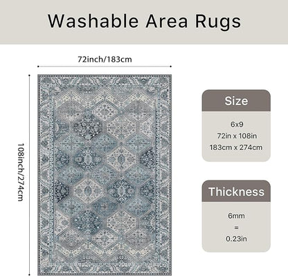 Bavni 6x9 Area Rugs for Living Room, Machine Washable Rug Non Slip, Vintage Chenille Distressed Print Carpet, Large Low Pile Ultra-Thin Lightweight Rugs for Bedroom, Dining Room, Home, Office, Blue