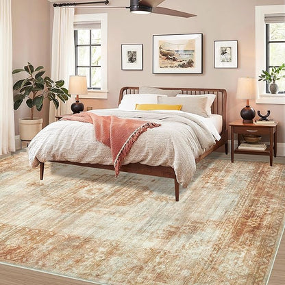 Vintage Living Room Area Rug - 6x9 Large Machine Washable Boho Moroccan Rug Distressed Farmhouse Rugs for Bedroom - Soft Non-Slip Indoor Carpet for Dining Room Office Nursery (Brown, 6'x9')
