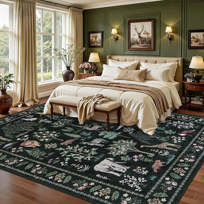 9x12 Area Rugs Living Room Rug: Vintage Washable Rug Floral Soft Carpet Indoor Floor Non-Slip Boho Stain Resistant Large Carpets for Bedroom Kids Nursery Dining Room Farmhouse Home Office Green