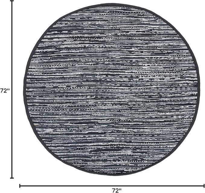 SAFAVIEH Rag Rug Collection Area Rug - 6' Round, Black, Handmade Boho Stripe Cotton, Ideal for High Traffic Areas in Living Room, Bedroom (RAR121Z)