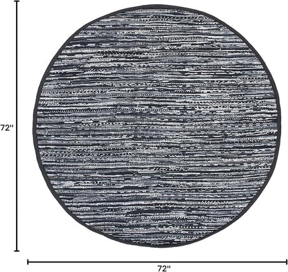 SAFAVIEH Rag Rug Collection Area Rug - 6' Round, Black, Handmade Boho Stripe Cotton, Ideal for High Traffic Areas in Living Room, Bedroom (RAR121Z)