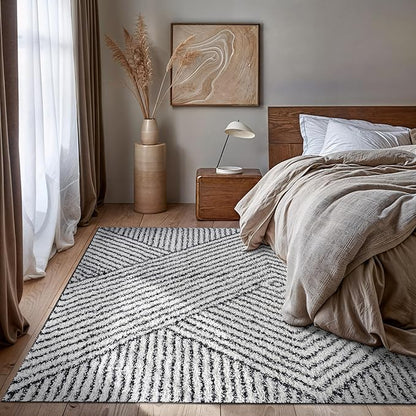 Rugshop Geometric Diamond Stripe Shag Area Rug White 7' 10" x 10' Perfect for Large Living Rooms, Dining Areas, or Master Bedrooms