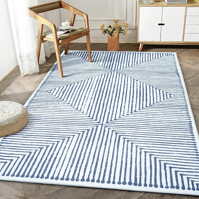 Bloom Rugs Washable Non-Slip 2' x 3' Rug - Blue/Ivory Striped Area Rug for Living Room, Bedroom, Dining Room, and Kitchen - Exact Size: 2' x 3'