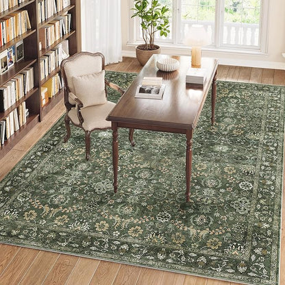 6x9 Rugs for Living Room, Soft Large Area Rugs Green Washable Rug, Indoor Vintage Rugs for Bedroom Home Office Laundry, Rubber Backed Non Slip Low Pile Carpet, Dark Olive Green