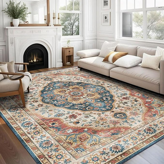 vivorug 4x6 Rug, Small Area Rug for Living Room, Bedroom, Kitchen, Machine Washable Non-Slip Throw Rug, Vintage Carpet for Entryway Nursery Coffee Table - Durable (Beige)