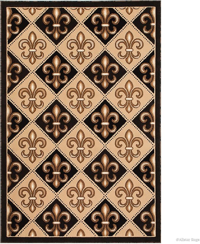 Allstar 5x7 Black Modern Rectangular Accent Rug with Ivory and Mocha Floral Fleur De Lis Diamond Design (5' x 7')