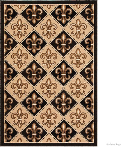 Allstar 5x7 Black Modern Rectangular Accent Rug with Ivory and Mocha Floral Fleur De Lis Diamond Design (5' x 7')