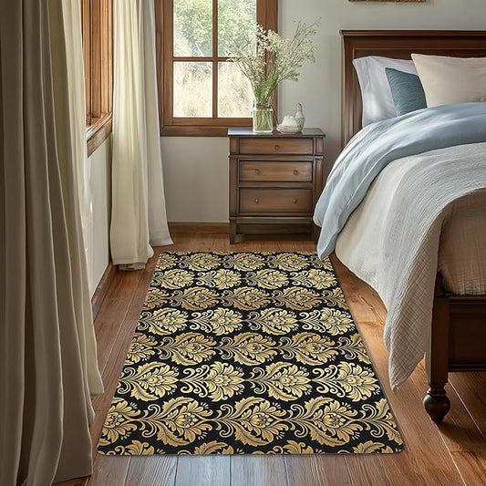 Black Damask Flower Golden Carpet for Living Room, 3x5 Non-Slip Washable Low Pile Abstract Design Rug, Space Saving Area Rug for Bedroom, Dining Room