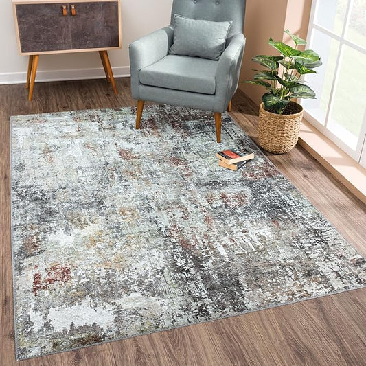 Bloom Rugs Washable Non-Slip 9' x 12' Rug - Gray/Red/Brown Modern Abstract Area Rug for Living Room, Bedroom, Dining Room, and Kitchen - Exact Size: 9' x 12'