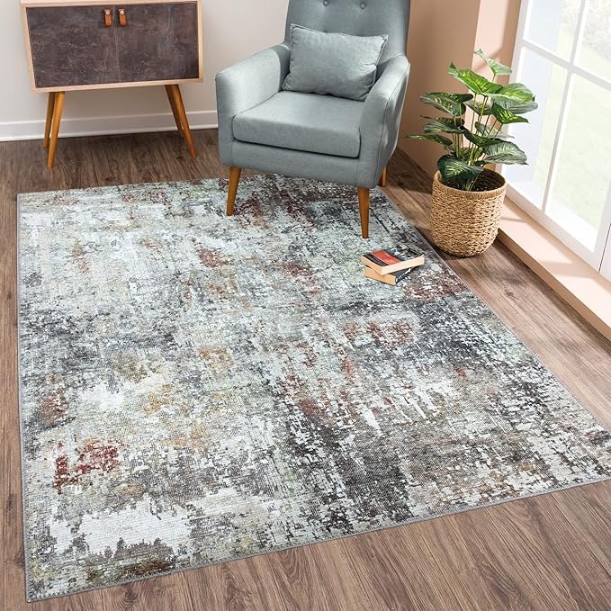 Bloom Rugs Washable Non-Slip 3' x 5' Rug - Gray/Red/Brown Modern Abstract Area Rug for Living Room, Bedroom, Dining Room, and Kitchen - Exact Size: 3' x 5'